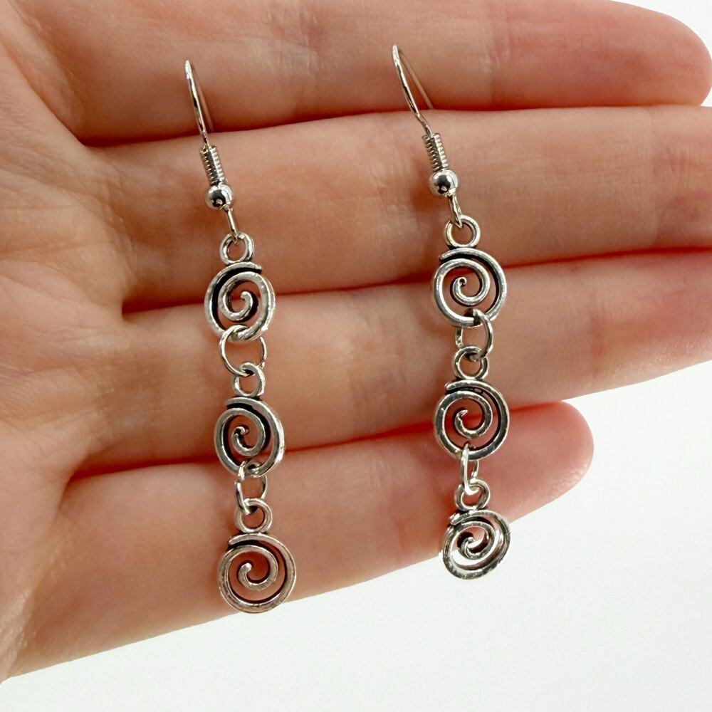 Silver Spiral Dangle Earrings Minimalist Boho Drop Jewelry